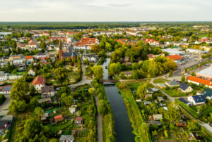 Luftbildaufnahme Stadt Torgelow mit Fluss und Stadtkern