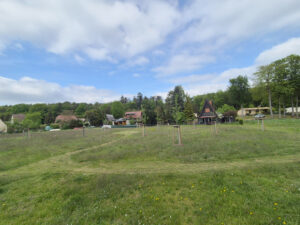 Wiese mit jungen Bäumen und Häusern und Wald im Hintergrund