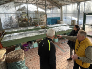 Drei Personen in einem Gewächshaus mit zugedeckten Wasserbecken