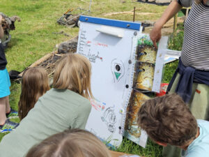 Kinder stehen auf einer Wiese um ein Flipchart herum